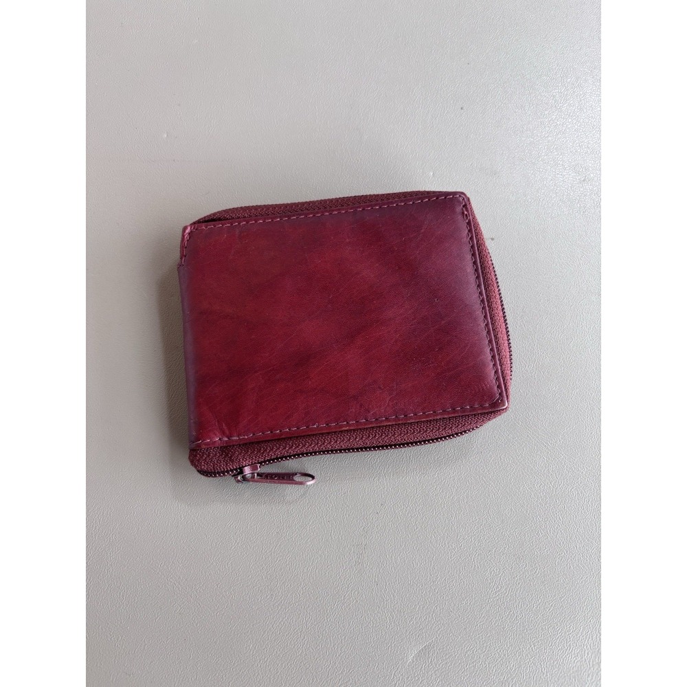 Marshal Genuine Leather Zip Around Bifold Wallet Credit Card Burgundy